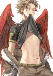 Rule 34 | 1boy, belt, bishounen, blonde hair, blood, boku no hero academia, brown jacket, brown pants, clothes in mouth, clothes lift, costume, cowboy shot, cuts, dripping, ear piercing, earrings, facial mark, feathered wings, feathers, fur-trimmed jacket, fur trim, hawks (boku no hero academia), injury, jacket, jacket partially removed, jewelry, kadeart, looking at viewer, male focus, mouth hold, pants, piercing, red feathers, red wings, shirt, shirt in mouth, shirt lift, short hair, simple background, skin tight, solo, stud earrings, tight clothes, tight shirt, toned, toned male, twitter username, white background, wings, yellow eyes