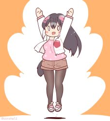 Rule 34 | 1girl, african penguin (kemono friends), black hair, coroha, full body, grey hair, hood, hoodie, jumping, kemono friends, kemono friends v project, long hair, looking at viewer, multicolored hair, orange background, pantyhose, penguin girl, penguin tail, pink hair, shirt, shoes, shorts, simple background, solo, straight hair, tail, virtual youtuber