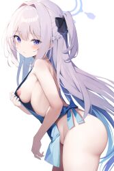 Rule 34 | 1girl, absurdres, apron, ass, blue apron, blue archive, blue halo, blush, braid, breasts, closed mouth, cowboy shot, from side, grey hair, groin, hair between eyes, halo, highres, long hair, looking at viewer, medium breasts, miyako (blue archive), naked apron, nipples, one side up, purple eyes, simple background, solo, tateishi kureha, white background