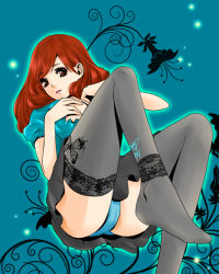 Rule 34 | 1girl, bad id, bad pixiv id, black thighhighs, blue panties, brown eyes, bug, butterfly, death trip 21, flower, insect, lace, lace-trimmed legwear, lace trim, leg up, legs, miniskirt, orange hair, original, panties, pantyshot, sitting, skirt, solo, thighhighs, thighs, underwear, upskirt