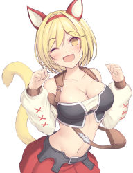 Rule 34 | 1girl, ;d, animal ears, bad id, bad pixiv id, bag, bare shoulders, blonde hair, breasts, cat ears, cat girl, cat tail, cleavage, collarbone, crop top, detached sleeves, djeeta (granblue fantasy), final fantasy, final fantasy xiv, granblue fantasy, hairband, hands up, highres, large breasts, long sleeves, looking at viewer, midriff, miqo&#039;te, mutsuba fumi, navel, one eye closed, open mouth, puffy sleeves, red skirt, short hair, shoulder bag, simple background, skirt, smile, solo, stomach, tail, tail raised, upper body, white background, yellow eyes