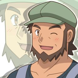 Rule 34 | 1boy, ;d, blush, brown eyes, brown hair, collarbone, commentary request, creatures (company), game freak, green headwear, hat, looking at viewer, male focus, meyer (pokemon), nintendo, one eye closed, open mouth, pokemon, pokemon (anime), pokemon xy (anime), shigure (ojshigu), shirt, short hair, smile, suspenders, tongue, upper body, zoom layer