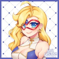 Rule 34 | 1girl, ahoge, bare shoulders, blonde hair, blue eyes, blush, breasts, cleavage, cleavage cutout, closed mouth, clothing cutout, collarbone, commission, earrings, highres, jewelry, kamen america, kamen america (comic), large breasts, looking at viewer, murmoruno, smile, solo, star (symbol), star earrings, upper body
