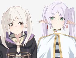 2girls black_robe brown_eyes capelet closed_mouth color_connection commentary_request crossover elf fire_emblem fire_emblem_awakening frieren green_eyes hair_color_connection hairstyle_connection highres jewelry long_hair look-alike looking_at_another looking_to_the_side multiple_girls nintendo parted_bangs pointy_ears robe robin_(female)_(fire_emblem) robin_(fire_emblem) shiropengin_l simple_background sousou_no_frieren trait_connection twintails white_background white_capelet white_hair