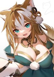 Rule 34 | 2girls, :d, animal ears, black gloves, blue eyes, blush, grabbing another&#039;s breast, breasts, brown hair, chinese commentary, commentary request, fox ears, fox girl, fox tail, genderswap, genderswap (mtf), genshin impact, gloves, gorou (genshin impact), grabbing, green kimono, guided breast grab, guiding hand, hair between eyes, highres, hina (genshin impact), holding another&#039;s arm, japanese clothes, kimono, large breasts, long hair, looking at viewer, lumine (genshin impact), multicolored hair, multiple girls, nahaki, off shoulder, open mouth, pov, short eyebrows, signature, simple background, smile, streaked hair, tail, tassel, thick eyebrows, upper body, white background, white hair
