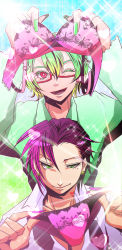 Rule 34 | 2boys, androgynous, blonde hair, blue background, bra, colored eyebrows, colored eyelashes, earrings, fingernails, glasses, gradient background, gradient hair, green background, green eyes, green hair, happy, heart, heart tattoo, highres, honey (nanbaka), jewelry, lace, lingerie, lips, long fingernails, looking at viewer, male focus, mole, multicolored hair, multiple boys, nail polish, nanbaka, neck tattoo, one eye closed, open mouth, panties, pink bra, pink eyes, pink hair, pink panties, purple hair, simple background, smirk, sparkle, tattoo, trap, trois (nanbaka), two-tone hair, underwear, uneven eyes, wavy hair, wink