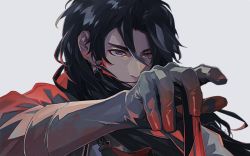 Rule 34 | 1boy, alternate hairstyle, black hair, closed mouth, commentary request, constantine xi (fate), earrings, expressionless, fate/grand order, fate (series), gloves, grey background, grey eyes, hair between eyes, jewelry, long hair, looking away, male focus, sei 8220, simple background, solo, upper body