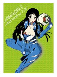 Rule 34 | 1girl, akiyama mio, ball, black hair, blush, breasts, cosplay, crossover, jabulani, k-on!, large breasts, long hair, looking at viewer, neon genesis evangelion, open clothes, open mouth, open shirt, plugsuit, plugsuit (cosplay), shirt, soccer ball, solo
