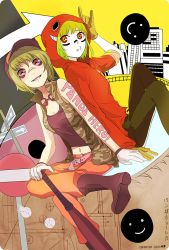 Rule 34 | 10s, 2012, 2girls, back-to-back, bandaid, bandaid on face, bandaid on nose, baseball bat, dual persona, green hair, gumi, hood, hoodie, m/, matryoshka (vocaloid), multicolored eyes, multiple girls, panda hero (vocaloid), piano (agneschen), sitting, smile, vocaloid