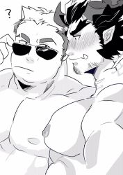 Rule 34 | 2boys, bara, blush, broken horn, demon boy, demon horns, ear blush, embarrassed, facial hair, fiery horns, from side, greyscale, horns, large pectorals, lily (mahalikumahalita), long sideburns, looking at another, male focus, mature male, monochrome, tohno motosumi, multiple boys, muscular, muscular male, nipples, nose blush, nude, pectoral focus, pectorals, scar, scar on neck, short hair, sideburns, stubble, sunglasses, takemaru (housamo), thick eyebrows, tokyo houkago summoners, upper body, yaoi