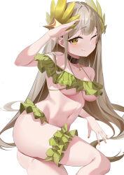 Rule 34 | 1girl, ;), absurdres, arknights, arm support, arm up, ass, bare shoulders, bikini, black choker, blunt bangs, blush, breasts, bridal garter, brown eyes, brown hair, choker, collarbone, commentary request, dowal, elf, green bikini, hair ornament, highres, long hair, looking at viewer, medium breasts, mole, mole under eye, muelsyse (arknights), navel, off-shoulder bikini, off shoulder, one eye closed, pointy ears, salute, simple background, smile, solo, split mouth, swimsuit, underboob, very long hair, white background