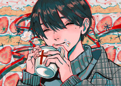 Rule 34 | 1boy, absurdres, bandaid, bandaid on hand, black hair, cake, closed eyes, closed mouth, commentary request, cream, cream on face, cross, cup, food, food on face, fruit, grey eyes, grey jacket, hands up, highres, holding, holding cup, jacket, long sleeves, looking at viewer, male focus, mole, mole under eye, original, portrait, red ribbon, ribbon, short hair, smile, solo, sparkle, steam, strawberry, strawberry shortcake, sweater, teacup, teeth, tomei ningen, turtleneck, turtleneck sweater, upper body