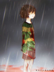 Rule 34 | androgynous, artist name, blood, blood on clothes, bloody knife, bloody weapon, brown hair, chara (undertale), dagger, gender request, hidden eyes, highres, knife, mazumaro, open mouth, rain, shaded face, shorts, solo, spoilers, standing, standing in rain, striped clothes, striped sweater, sweater, undertale, weapon