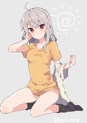 Rule 34 | 1girl, ahoge, bad id, bad pixiv id, black socks, bottomless, character request, closed mouth, copyright request, full body, grey background, hair between eyes, hand up, ikeuchi tanuma, kneeling, looking at viewer, medium hair, no shoes, open clothes, open shirt, orange shirt, shirt, short sleeves, silver hair, socks, solo, white shirt