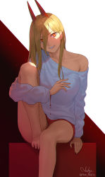 Rule 34 | + +, 1girl, bad anatomy, bare legs, barefoot, bleeding, blonde hair, blood, breasts, chainsaw man, collarbone, commentary, cowboy shot, cross-shaped pupils, demon horns, english commentary, eyelashes, grin, hair between eyes, head tilt, highres, horns, knee up, light, long hair, long sleeves, looking at viewer, medium breasts, nhaliz, off shoulder, orange eyes, power (chainsaw man), red background, red shorts, shade, sharp teeth, shirt, short shorts, shorts, signature, simple background, sitting, smile, solo, straight hair, symbol-shaped pupils, teeth, thighs, twintails, two-tone background, white background, white shirt