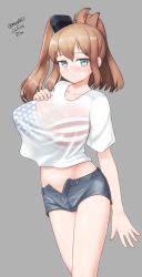 Rule 34 | 1girl, absurdres, alternate costume, american flag bikini, american flag print, bikini, bikini top only, breasts, brown hair, cowboy shot, flag print, grey background, grey eyes, grey shorts, hair between eyes, highres, kantai collection, large breasts, long hair, maru (marg0613), midriff, open fly, ponytail, print bikini, saratoga (kancolle), see-through, see-through shirt, shirt, short shorts, shorts, side ponytail, sidelocks, simple background, smokestack hair ornament, solo, star (symbol), star print, striped, swimsuit, t-shirt, white shirt