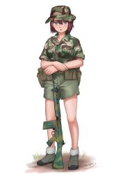 Rule 34 | 1girl, ammunition pouch, battle rifle, belt, belt pouch, boonie hat, breasts, brown belt, brown hair, camouflage, camouflage headwear, camouflage shirt, canteen, collared shirt, commentary, dirt, english commentary, fn fal, full body, green footwear, green hat, green shirt, green shorts, grey eyes, gun, hair between eyes, hand on own arm, hat, legs, mardjan, medium breasts, military, military hat, military uniform, multicolored clothes, multicolored hat, multicolored shirt, open collar, original, parted lips, pocket, pouch, rhodesia, rhodesian brushstroke, rhodesian light infantry, rifle, shirt, shoelaces, shoes, short hair, short shorts, shorts, signature, simple background, sleeves rolled up, soldier, solo, standing, straight-on, uniform, utility belt, weapon, white background