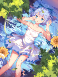 Rule 34 | 1girl, absurdres, ahoge, alternate costume, arms up, bare arms, bare legs, bare shoulders, blue bow, blue eyes, blue hair, blurry, blurry background, bow, breasts, cirno, collarbone, cy (artist), dress, feet out of frame, flower, hair bow, highres, looking at viewer, outdoors, parted lips, partially submerged, short dress, short hair, small breasts, solo, spaghetti strap, sunflower, tears, thighs, touhou, water, water drop, white dress