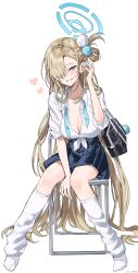 Rule 34 | 1girl, absurdres, asuna (blue archive), bag, black skirt, blue archive, blue eyes, blue halo, blue ribbon, blush, breasts, chair, cleavage, collared shirt, grin, hair over one eye, hair ribbon, halo, heart, highres, large breasts, light brown hair, long hair, looking at viewer, mole, mole on breast, ohw8g, pleated skirt, ribbon, school bag, shirt, simple background, sitting, skirt, smile, socks, solo, white background, white shirt, white socks