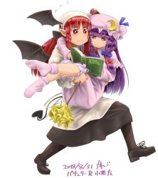Rule 34 | 2girls, :&lt;, alternate hairstyle, apron, bat wings, black footwear, black legwear, black wings, blue bow, blunt bangs, blush, book, bow, bright pupils, capelet, carrying, closed mouth, dated, demon tail, dress, duster, flying sweatdrops, full body, hair bow, hat, head scarf, head wings, holding, holding book, kanji (white7night), koakuma, long hair, long sleeves, looking down, mob cap, multiple girls, pantyhose, patchouli knowledge, pointy ears, princess carry, purple dress, purple eyes, purple hair, purple hat, purple legwear, reading, red bow, red eyes, red hair, shoelaces, shoes, sidelocks, simple background, socks, striped clothes, striped dress, sweat, tail, touhou, vertical stripes, walking, wavy mouth, white background, wings
