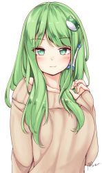 Rule 34 | 1girl, alternate costume, bad id, bad twitter id, blush, breasts, closed mouth, collarbone, frog hair ornament, green eyes, green hair, hair ornament, hair tubes, kochiya sanae, long hair, long sleeves, looking at viewer, maremay0513, medium breasts, off-shoulder, off-shoulder sweater, off shoulder, sidelocks, simple background, smile, solo, sweater, touhou, upper body, white background