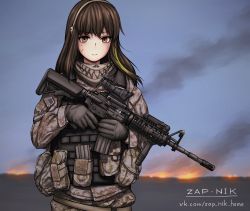 Rule 34 | 1girl, ammunition belt, ammunition pouch, assault rifle, blurry, blurry background, brown eyes, brown hair, camouflage, camouflage jacket, camouflage pants, closed mouth, dirty, dirty face, fire, girls&#039; frontline, gloves, gun, hair between eyes, headpiece, highres, holding, holding gun, holding weapon, jacket, long hair, long sleeves, looking at viewer, m4 carbine, m4a1 (girls&#039; frontline), military, military jacket, military uniform, multicolored hair, outdoors, pants, pouch, rifle, scarf, smoking, solo, streaked hair, sunset, uniform, united states army, vest, weapon, zap-nik