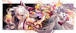 Rule 34 | 1girl, :/, border, bow, burnt clothes, closed mouth, collared shirt, commentary request, fire, flower, fujiwara no mokou, highres, holding, long hair, looking at viewer, mokoiscat, ofuda, outside border, purple flower, red bow, red eyes, shirt, signature, solo, suspenders, touhou, upper body, very long hair, white border, white bow, white hair, white shirt, wing collar