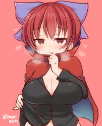Rule 34 | 1girl, blush, breasts, breath, cape, cleavage, clothes lift, female focus, hair ornament, hair ribbon, large breasts, long sleeves, looking at viewer, mashiro miru, navel, red background, red eyes, red hair, ribbon, sekibanki, shirt lift, short hair, simple background, smile, solo, sweat, touhou, twitter username, upper body