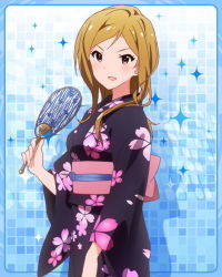 Rule 34 | 10s, 1girl, artist request, blue background, brown hair, hand fan, idolmaster, idolmaster million live!, japanese clothes, kimono, long hair, momose rio, official art, paper fan, purple eyes, uchiwa