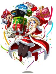 Rule 34 | 1girl, blonde hair, character doll, commentary, confetti, dress, enta girl, falcoon, fatal fury, fur trim, gift, highres, jumping, mascot, neo geo, official art, red-framed eyewear, red dress, santa costume, semi-rimless eyewear, short hair, simple background, smile, snk, solo, terry bogard, white background