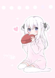 Rule 34 | 1girl, black ribbon, blue eyes, blush, box, child, closed mouth, commentary request, full body, hair between eyes, hair ribbon, heart, heart-shaped box, long hair, looking at viewer, no shoes, original, pink background, pink sweater, ribbon, simple background, sitting, smile, solo, sweater, thighhighs, two side up, uchuuneko, valentine, wariza, white hair, white thighhighs