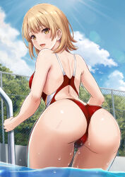 Rule 34 | 1girl, ass, ass focus, back cutout, blonde hair, blue sky, brown eyes, bush, chain-link fence, clothing cutout, cloud, commentary, competition swimsuit, cowboy shot, day, fence, from behind, highres, inanaki shiki, isshiki iroha, looking at viewer, one-piece swimsuit, outdoors, pool ladder, red one-piece swimsuit, revision, short hair, shoulder blades, sky, solo, swimsuit, water, yahari ore no seishun lovecome wa machigatteiru.