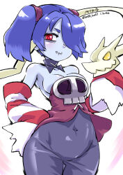 Rule 34 | 1girl, 2024, blue hair, blue skin, blush, breasts, colored skin, covered navel, cowboy shot, detached collar, detached sleeves, dress, leviathan (skullgirls), medium breasts, mtk hoshi, side ponytail, skullgirls, smile, solo, squigly (skullgirls), stitched mouth, stitches, striped sleeves, zombie
