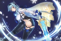 Rule 34 | 1girl, absurdres, ass, blue hair, breasts, cape, eula (genshin impact), genshin impact, gloves, hair ornament, hairband, highres, large breasts, leotard, long hair, looking at viewer, ryuune, ryuuneart, shiny clothes, shiny skin, short shorts, shorts, sideboob, solo, sword, thighhighs, weapon
