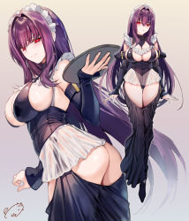 Rule 34 | 1girl, alternate costume, ass, bare shoulders, blush, breasts, cleavage, closed mouth, detached sleeves, enmaided, fate/grand order, fate (series), frills, full body, garter straps, hair intakes, highleg, highres, large breasts, long hair, looking at viewer, maid, maid headdress, multiple views, obiwan, purple hair, red eyes, scathach (fate), skirt, smile, tray, white skirt