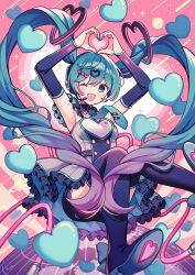 Rule 34 | 1girl, amagi hana, armpits, arms up, black sleeves, black thighhighs, blue eyes, blue hair, blue necktie, breasts, cable, detached collar, detached sleeves, dress, full body, gradient hair, grey dress, hair ornament, hatsune miku, heart, heart hair, heart hair ornament, heart hands, highres, layered dress, looking at viewer, medium breasts, multicolored hair, necktie, one eye closed, open mouth, pink background, planet, purple hair, simple background, smile, solo, thighhighs, vocaloid