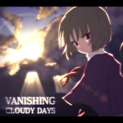 Rule 34 | 1other, adagumo no saragimaru, album cover, androgynous, atoymk, capelet, closed mouth, cloud, cloudy sky, cover, english text, film grain, green hair, green trim, highres, len&#039;en, letterboxed, neck ribbon, other focus, purple capelet, red eyes, red ribbon, ribbon, shirt, short hair, sky, slit pupils, solo, white shirt