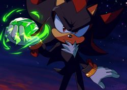 Rule 34 | 1boy, black fur, bracelet, catrage miau, chaos emerald, frown, furry, furry male, gauntlets, gem, gloves, glowing, grabbing, green gemstone, highres, jewelry, looking at viewer, male focus, multicolored fur, night, night sky, pointy nose, red eyes, red fur, shadow the hedgehog, sky, solo, sonic (series), star (sky), starry sky, sunset, topless male, white fur
