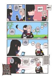 Rule 34 | 4girls, afterimage, anchor symbol, anger vein, azur lane, bare shoulders, black gloves, black hair, blush, braid, breasts, cellphone, coat, colorado (azur lane), comic, commentary, creator connection, crossover, dress, english commentary, english text, framed breasts, full-face blush, gloves, half updo, hancock (warship girls r), highres, jacket, long hair, long sleeves, maryland (azur lane), mole, mole under eye, multiple girls, off shoulder, one eye covered, outdoors, phone, ponytail, pun, red eyes, red hair, selfie, smartphone, sneaking, speech bubble, taut clothes, taut dress, tree, v, warship girls r, west virginia (azur lane), white hair, yellow eyes, zeldin