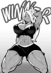 Rule 34 | 1girl, abs, absurdres, alternate hairstyle, animal ears, arm behind head, arm up, armpits, bare shoulders, barefoot, black shorts, black tank top, boku no hero academia, breasts, cleavage, crop top, dark-skinned female, dark skin, english text, full body, greyscale, grin, highres, huge breasts, kneeling, long eyelashes, long hair, looking at viewer, midriff, mirko, monochrome, muscular, muscular female, navel, parted bangs, ponytail, rabbit ears, rabbit girl, sakino yumeko, shorts, smile, solo, stomach, sweat, tank top, thick thighs, thighs, twitter username, white hair