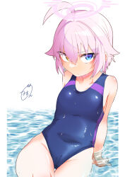 Rule 34 | 1girl, absurdres, ahoge, blue archive, blue eyes, blue one-piece swimsuit, breasts, commentary request, cowboy shot, halo, heterochromia, highres, hoshino (blue archive), hoshino (young) (blue archive), looking at viewer, myon2, one-piece swimsuit, pink hair, short hair, signature, sitting, small breasts, solo, swimsuit, water, wet, wet clothes, wet swimsuit, yellow eyes