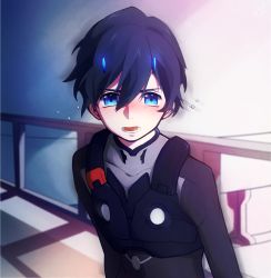 Rule 34 | 10s, 1boy, black bodysuit, black hair, blue eyes, blue horns, bodysuit, chungyun high, commentary request, darling in the franxx, highres, hiro (darling in the franxx), horns, looking at viewer, male focus, oni horns, open mouth, pilot suit, short hair, solo, sweat, teeth