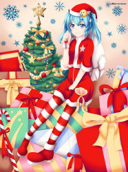 Rule 34 | 1girl, absurdres, artist name, b8 girl, bad id, bad pixiv id, bilibili, blue eyes, blue hair, box, christmas, christmas tree, gift, gift box, grin, hat, highres, matching hair/eyes, pantyhose, sack, santa costume, santa hat, signature, sitting, smile, solo, star (symbol), striped clothes, striped pantyhose, twintails, ubuminister