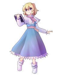 Rule 34 | 1girl, alice margatroid, ascot, blonde hair, blue dress, book, capelet, closed mouth, dress, frilled ascot, frilled capelet, frilled dress, frilled sash, frills, grimoire of alice, happy, highres, holding, holding book, juliet sleeves, long sleeves, min1223, pink ascot, pink sash, puffy sleeves, purple eyes, sash, shirt, short hair, simple background, sleeve garter, smile, socks, touhou, white background, white capelet, white shirt, white socks