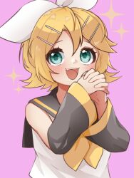 Rule 34 | 1girl, aqua eyes, bare shoulders, black sailor collar, black sleeves, blonde hair, blush, bow, detached sleeves, eshe mr, fang, green eyes, hair bow, hair ornament, hairclip, highres, imagining, interlocked fingers, kagamine rin, looking up, neckerchief, open mouth, own hands clasped, own hands together, pink background, sailor collar, shirt, short hair, sleeveless, sleeveless shirt, smile, solo, sparkle, vocaloid, wallpaper, yellow neckerchief