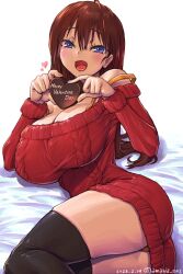 Rule 34 | 1girl, amania orz, ass, black thighhighs, blue eyes, blush, breasts, brown hair, chocolate, copyright request, dated, happy valentine, heart, highres, huge breasts, long hair, long sleeves, looking at viewer, open mouth, original, red sweater, solo, strap slip, sweater, thighhighs, twitter username