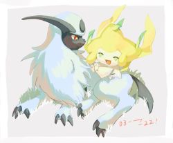 Rule 34 | :d, absol, border, bright pupils, claws, closed mouth, commentary request, creatures (company), closed eyes, game freak, gen 3 pokemon, grey background, highres, jirachi, legendary pokemon, mythical pokemon, nintendo, no humans, open mouth, pokemon, pokemon (creature), red eyes, smile, torinoko (miiko draw), white border, white pupils