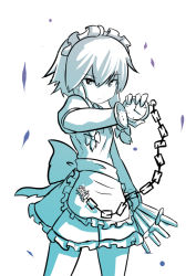 1girl braid character_doll female_focus hashiro izayoi_sakuya knife maid maid_headdress monochrome remilia_scarlet ribbon short_hair solo stopwatch touhou twin_braids watch