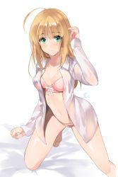 Rule 34 | 1girl, ahoge, artoria pendragon (all), artoria pendragon (fate), bed sheet, blonde hair, blush, bra, breasts, cleavage, dress shirt, fate/stay night, fate (series), green eyes, ice (ice aptx), long hair, long sleeves, looking at viewer, navel, open clothes, open shirt, panties, pink bra, pink panties, ribbon, saber (fate), shiny skin, shirt, smile, solo, underwear