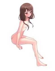 1girl ass barefoot blush brown_eyes brown_hair closed_mouth completely_nude flat_chest from_side highres iino_miko kaguya-sama_wa_kokurasetai_~tensai-tachi_no_renai_zunousen~ long_hair low_twintails moriforests nipples nude simple_background sitting smile solo twintails white_background